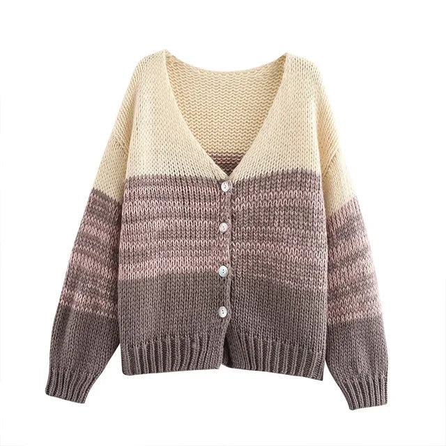 Korean style outerwear with a design sense, knitted sweater for spring, new color blocked knitted cardigan for women, V-neck loose and thin style - Follow yourDream