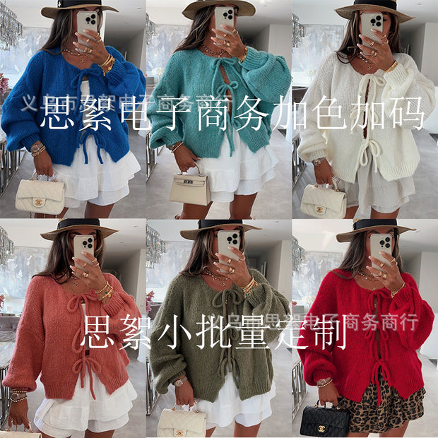 Round neck tie knitted cardigan jacket autumn and winter new style solid color commuting simple sweater for women