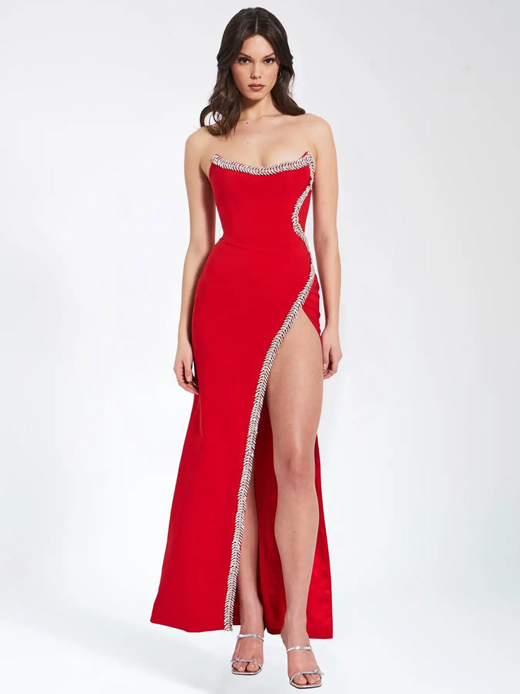 Women Celebrity Sexy Strapless Diamonds Crystal Red Maxi Long Bodycon Bandage Dress  Elegant Evening Club Party Outfit