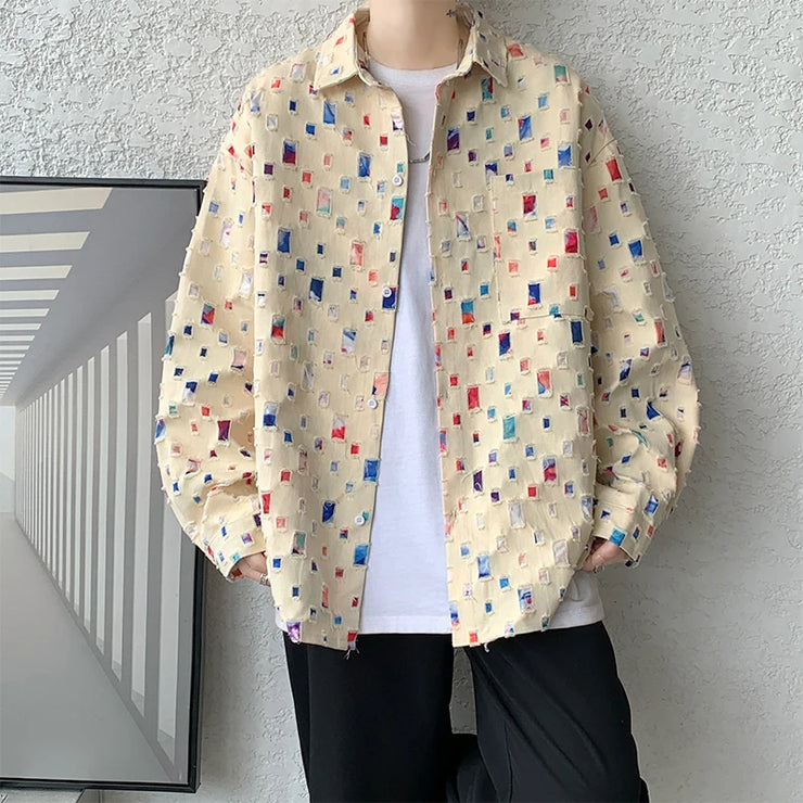 Cotton Hollow Out Shirt Men Oversized Colorful Plaid Shirt Men Streetwear Loose Long Sleeve Shirt Mens Hole Patch Shirts M-3XL - Follow yourDream