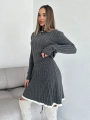 Long Sleeved Knitted Sweater Mini Skirt Two-piece Set Women Lapel Button Top Contrast Color Pleated Short Skirt Knit Suit