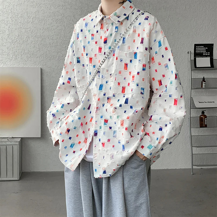 Cotton Hollow Out Shirt Men Oversized Colorful Plaid Shirt Men Streetwear Loose Long Sleeve Shirt Mens Hole Patch Shirts M-3XL - Follow yourDream