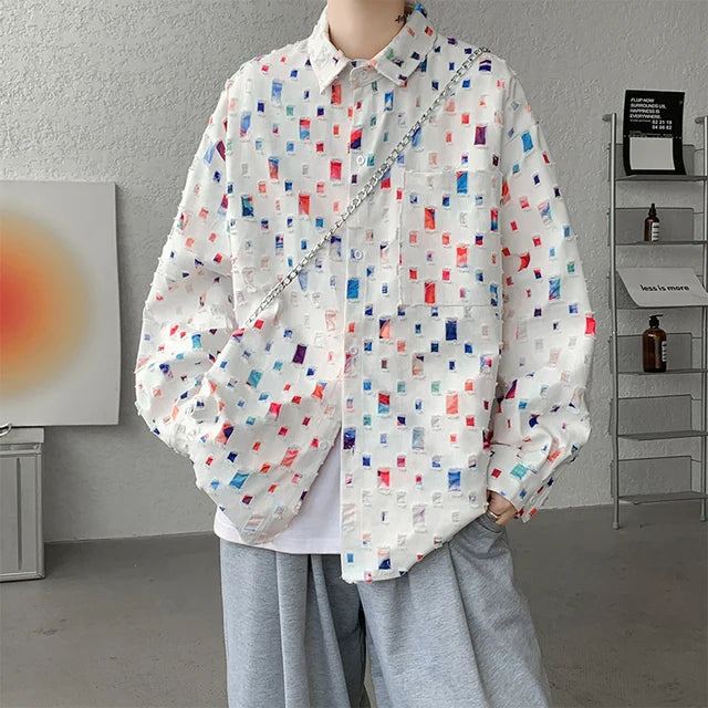 Cotton Hollow Out Shirt Men Oversized Colorful Plaid Shirt Men Streetwear Loose Long Sleeve Shirt Mens Hole Patch Shirts M-3XL - Follow yourDream