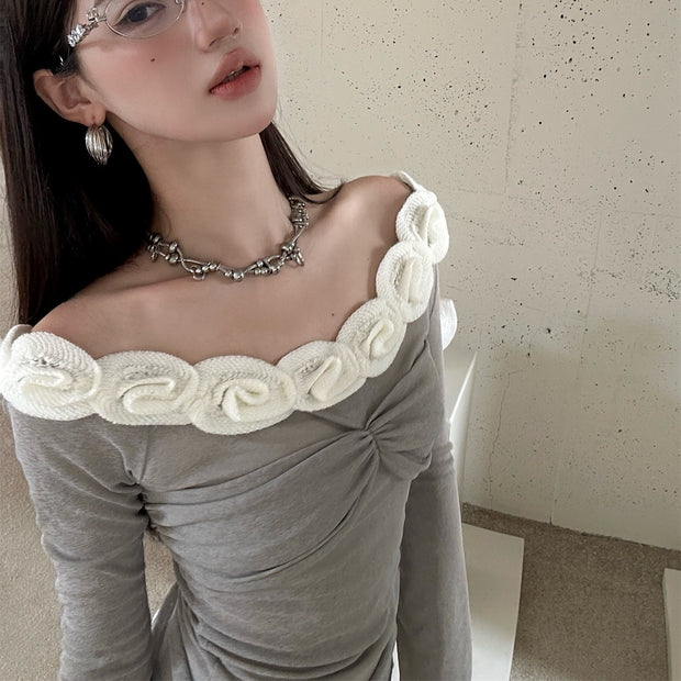 New One Shoulder Mesh Long Sleeve Ballet Style French Flower Edge Off Shoulder Sweet Girl Top