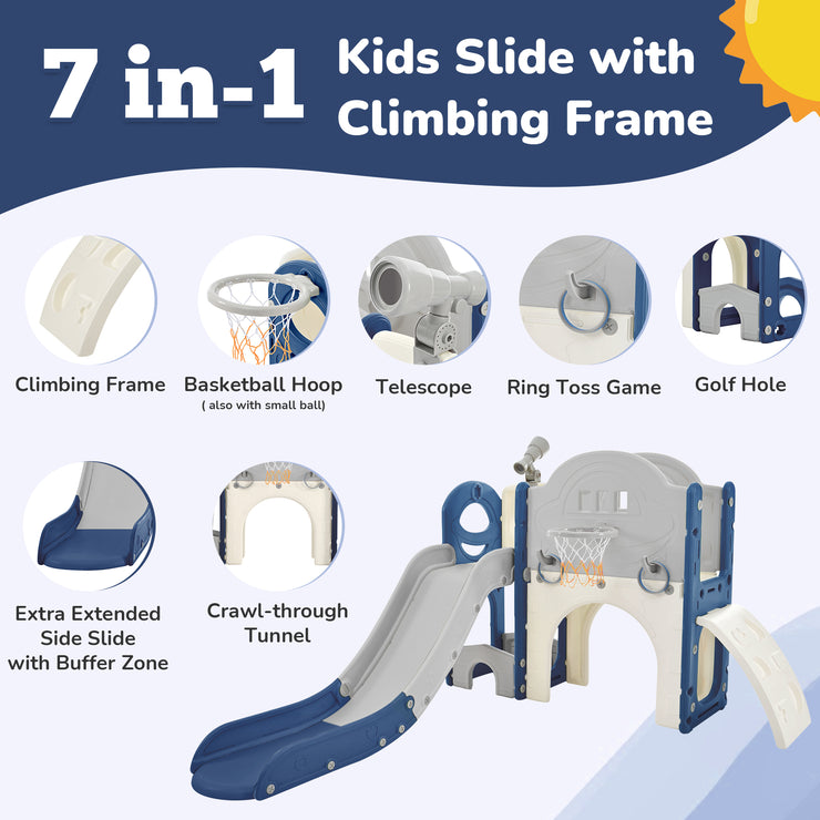 Kids Slide Playset Structure 7 in 1, Freestanding Spaceship Set with Slide, Arch Tunnel Blue+Grey + HDPE