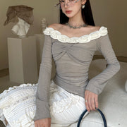 New One Shoulder Mesh Long Sleeve Ballet Style French Flower Edge Off Shoulder Sweet Girl Top