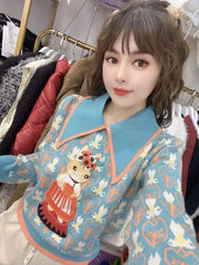 Embroidered Jacquard Knit Sweater Women Pullover Tops Spring Long Sleeve Turn-down Collar Elegant Vintage Stylish Jumpers