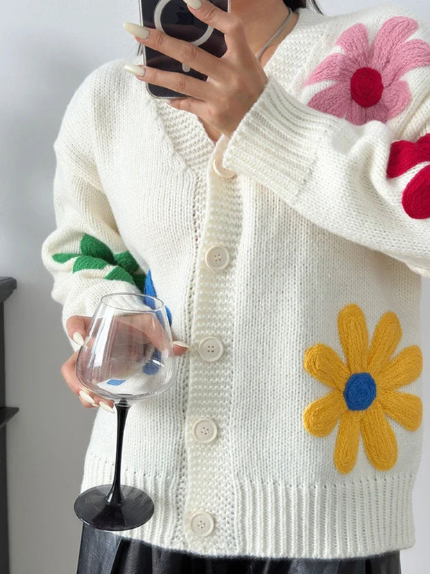 Women Loose-fit Embroidered Flower Cardigan Sweater Thick Casual Open Front Cardigan for Autumn and Winter