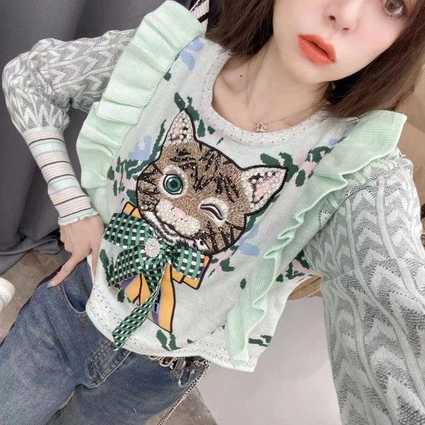 Vintage ruffled edge heavy industry nail bead jacquard sweater women's pullover kitten knitted top sweater