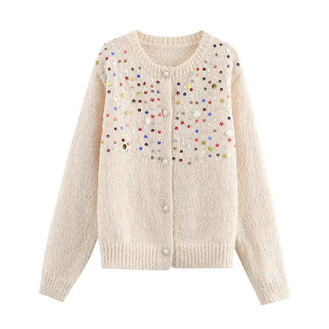 French fashion casual versatile girls' colorful sequin knitted sweater cardigan jacket