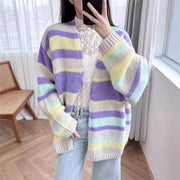 New retro dopamine striped V-neck sweater with lazy and gentle long sleeves, loose wool knit cardigan for women