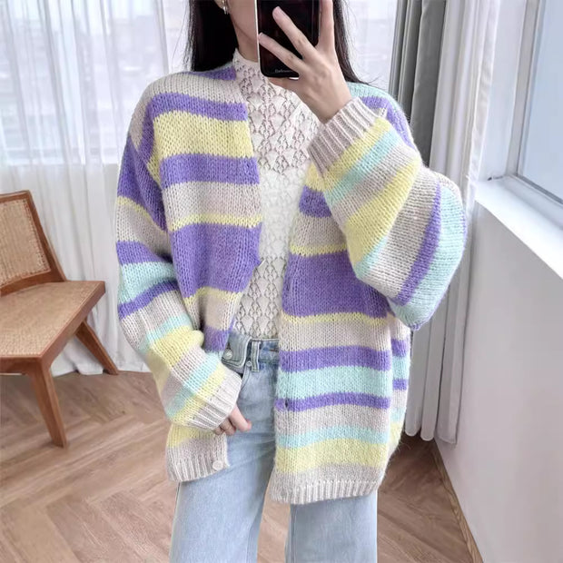 New retro dopamine striped V-neck sweater with lazy and gentle long sleeves, loose wool knit cardigan for women