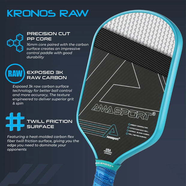 AMA SPORT Pickleball Paddle with Cover Bag 3K Carbon Fiber Friction Textured Surface For Spin Thermoformed Kronos Durable Padel - Follow yourDream
