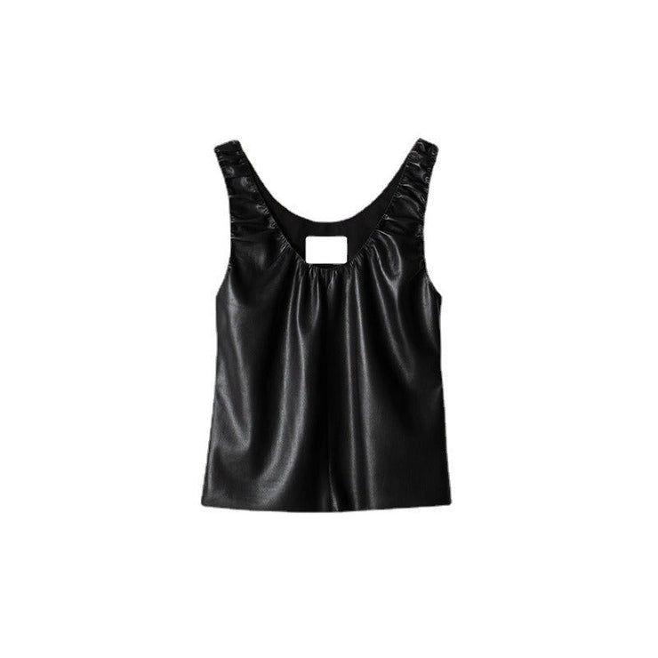 Artificial leather pleated sleeveless top vest for women - Follow yourDream