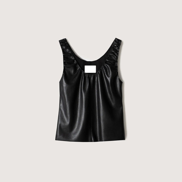 Artificial leather pleated sleeveless top vest for women - Follow yourDream