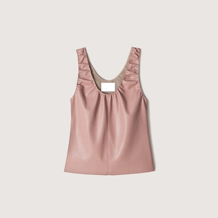 Artificial leather pleated sleeveless top vest for women - Follow yourDream
