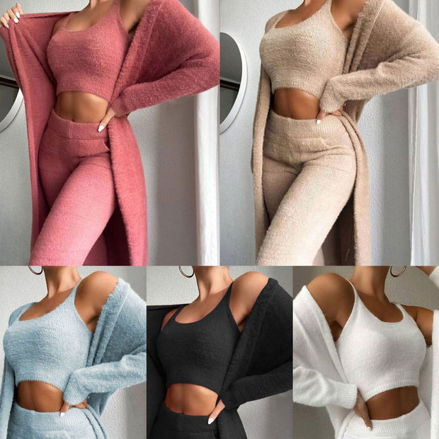 Autumn And Winter Knitted Plush Comfortable Women's Suit Sexy V-neck Short Crop Top Cardigan Sweater Trousers Three-piece Set - Follow yourDream