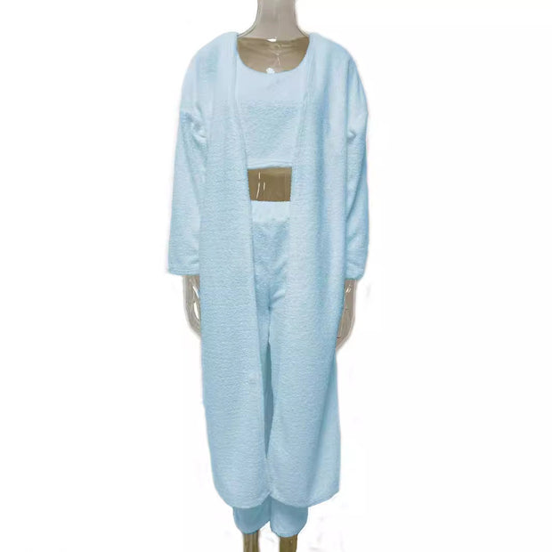 Autumn And Winter Knitted Plush Comfortable Women's Suit Sexy V-neck Short Crop Top Cardigan Sweater Trousers Three-piece Set - Follow yourDream