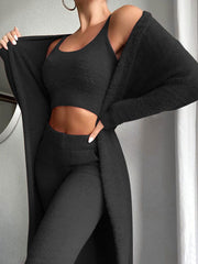 Autumn And Winter Knitted Plush Comfortable Women's Suit Sexy V-neck Short Crop Top Cardigan Sweater Trousers Three-piece Set - Follow yourDream