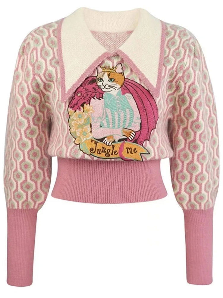Autumn And Winter Vintage Jacquard Embroidery Pullover Knitted Sweater Women's Korean Fashion Versatile Female Casual Jumper - Follow yourDream