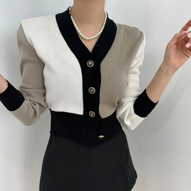 Autumn Winter Korean Cardigan Sweater Women V-neck Long Sleeve Knitwear Tops Elegant Fashion Color-blocking Ladies Jumper Mujer - Follow yourDream