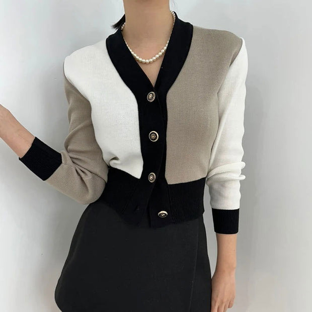 Autumn Winter Korean Cardigan Sweater Women V-neck Long Sleeve Knitwear Tops Elegant Fashion Color-blocking Ladies Jumper Mujer - Follow yourDream