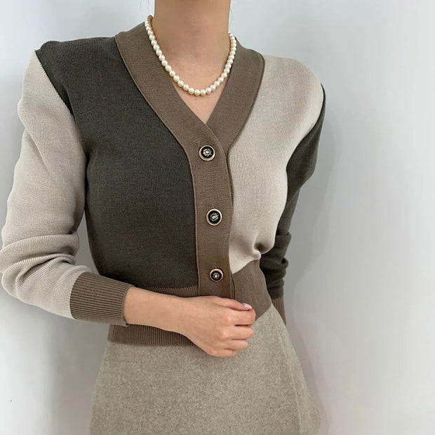 Autumn Winter Korean Cardigan Sweater Women V-neck Long Sleeve Knitwear Tops Elegant Fashion Color-blocking Ladies Jumper Mujer - Follow yourDream