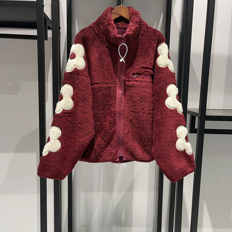 Autumn and Winter Puff Flower Patch Embroidery Half High Collar Zipper Shake Fleece Teddy Coat - Follow yourDream