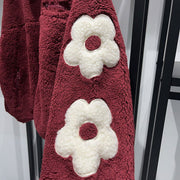 Autumn and Winter Puff Flower Patch Embroidery Half High Collar Zipper Shake Fleece Teddy Coat - Follow yourDream
