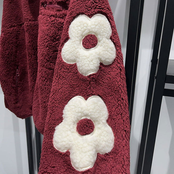 Autumn and Winter Puff Flower Patch Embroidery Half High Collar Zipper Shake Fleece Teddy Coat - Follow yourDream