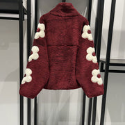 Autumn and Winter Puff Flower Patch Embroidery Half High Collar Zipper Shake Fleece Teddy Coat - Follow yourDream
