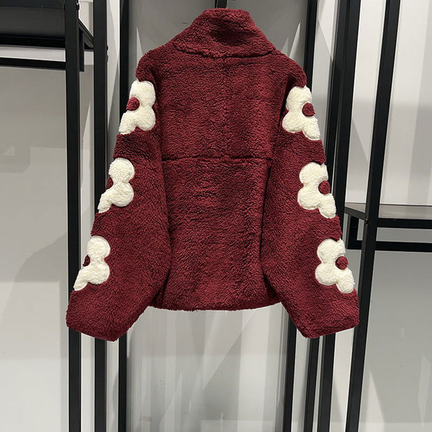 Autumn and Winter Puff Flower Patch Embroidery Half High Collar Zipper Shake Fleece Teddy Coat - Follow yourDream