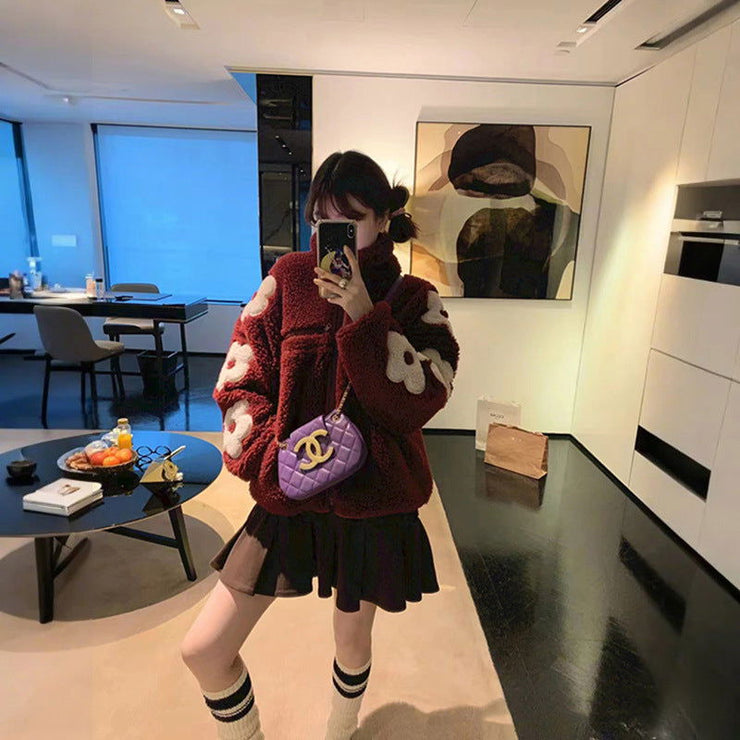 Autumn and Winter Puff Flower Patch Embroidery Half High Collar Zipper Shake Fleece Teddy Coat - Follow yourDream