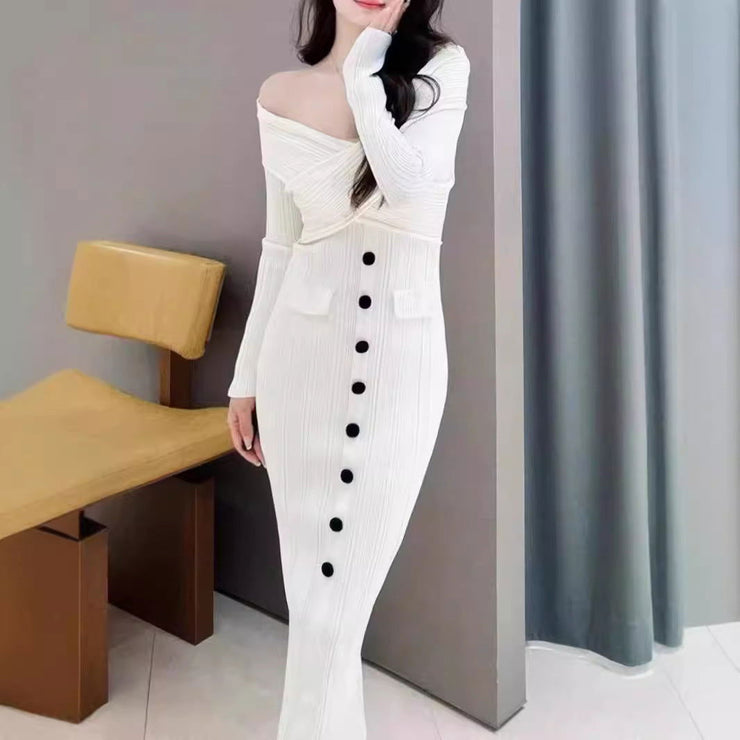 Autumn and winter new ivory white design long sleeved, hip hugging, one shoulder slim knit dress - Follow yourDream