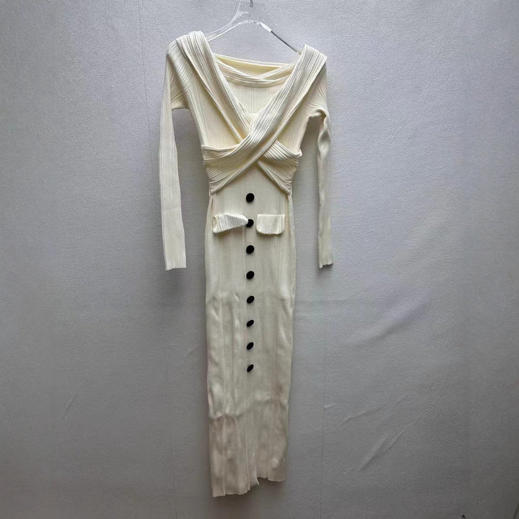 Autumn and winter new ivory white design long sleeved, hip hugging, one shoulder slim knit dress - Follow yourDream