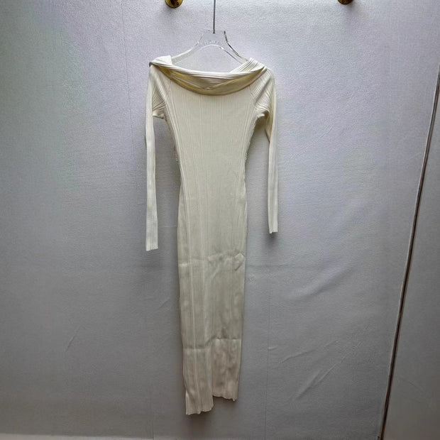 Autumn and winter new ivory white design long sleeved, hip hugging, one shoulder slim knit dress - Follow yourDream