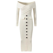 Autumn and winter new ivory white design long sleeved, hip hugging, one shoulder slim knit dress - Follow yourDream