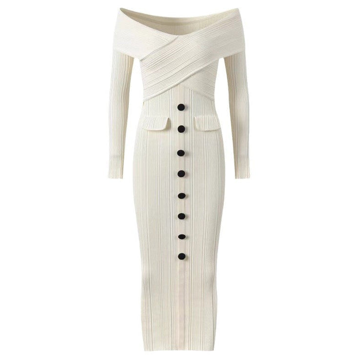 Autumn and winter new ivory white design long sleeved, hip hugging, one shoulder slim knit dress - Follow yourDream