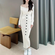Autumn and winter new ivory white design long sleeved, hip hugging, one shoulder slim knit dress - Follow yourDream
