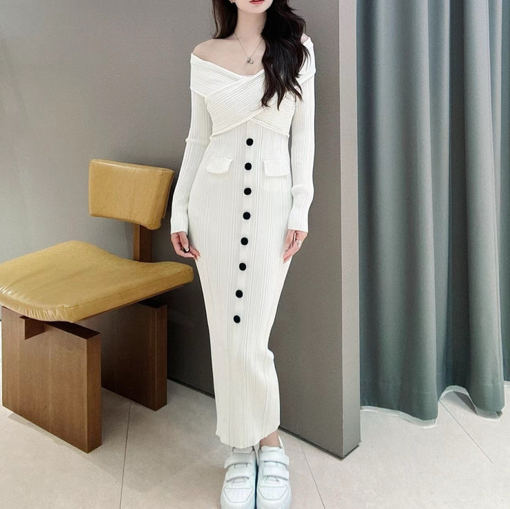Autumn and winter new ivory white design long sleeved, hip hugging, one shoulder slim knit dress - Follow yourDream