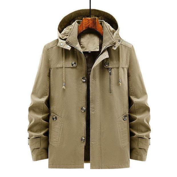 Autumn and winter new velvet windbreaker mid long hooded washed jacket pure cotton plus men's loose jacket - Follow yourDream