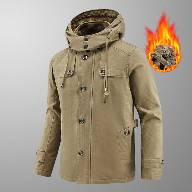 Autumn and winter new velvet windbreaker mid long hooded washed jacket pure cotton plus men's loose jacket - Follow yourDream