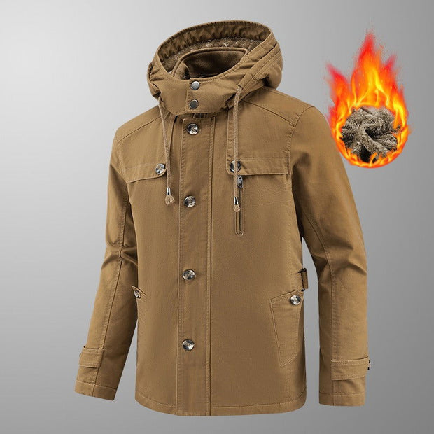 Autumn and winter new velvet windbreaker mid long hooded washed jacket pure cotton plus men's loose jacket - Follow yourDream