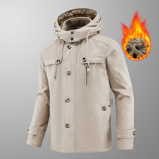Autumn and winter new velvet windbreaker mid long hooded washed jacket pure cotton plus men's loose jacket - Follow yourDream