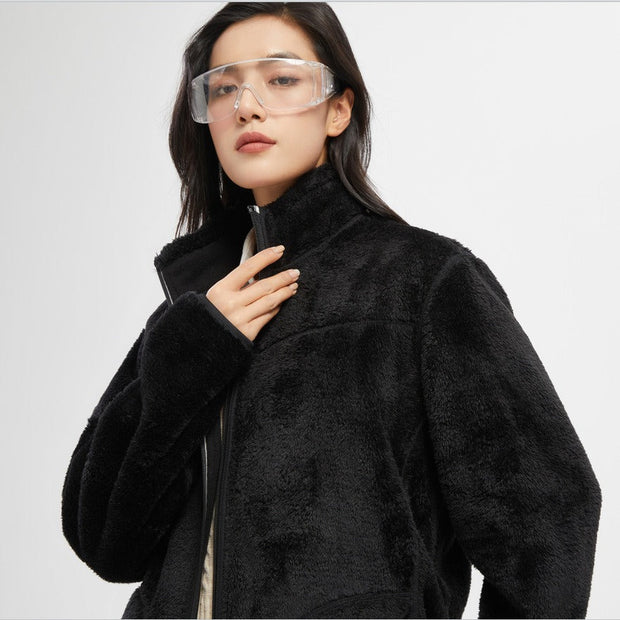 Autumn new double-sided warm fleece jacket for women, thickened couple style, coral fleece stand up collar cardigan jacket - Follow yourDream