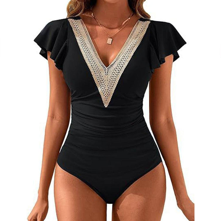 Women's solid colored flying sleeve one-piece swimsuit, simple and sexy fashionable swimsuit, bikini