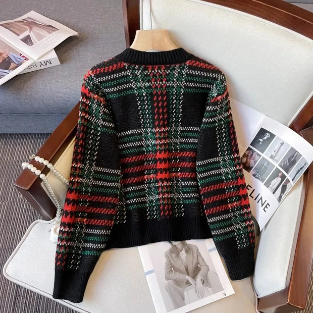 Korea Vintage Knitted Autumn Sweater Coat Women Striped Plaid Print Knitwear Ladies Cropped Cardigans Casual Loose Woman Tops