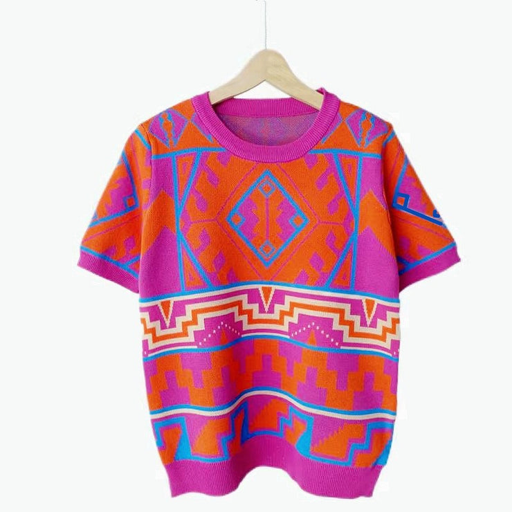 Geometric contrasting jacquard women's knitted shirt top short sleeved pullover slim fit round neck T-shirt