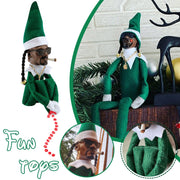 Resin doll peeks at bent Christmas elf doll, black felt doll Snoop on a Stoop