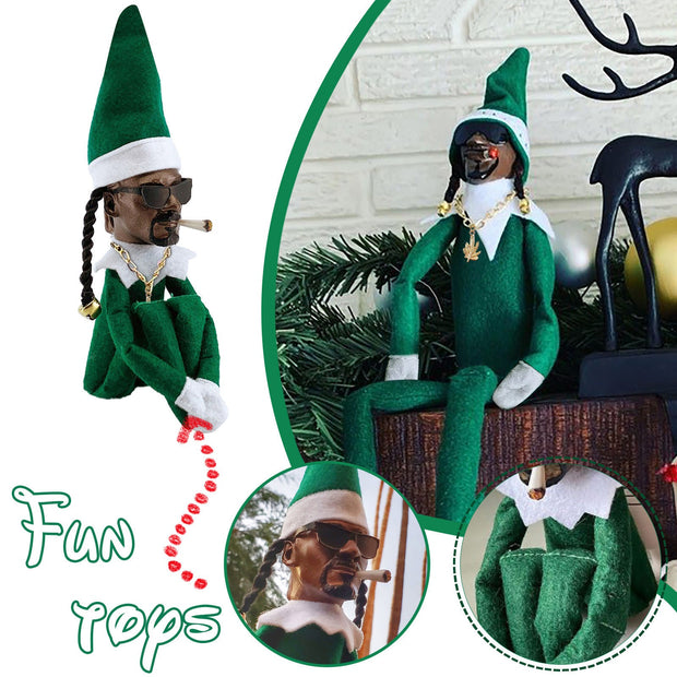 Resin doll peeks at bent Christmas elf doll, black felt doll Snoop on a Stoop